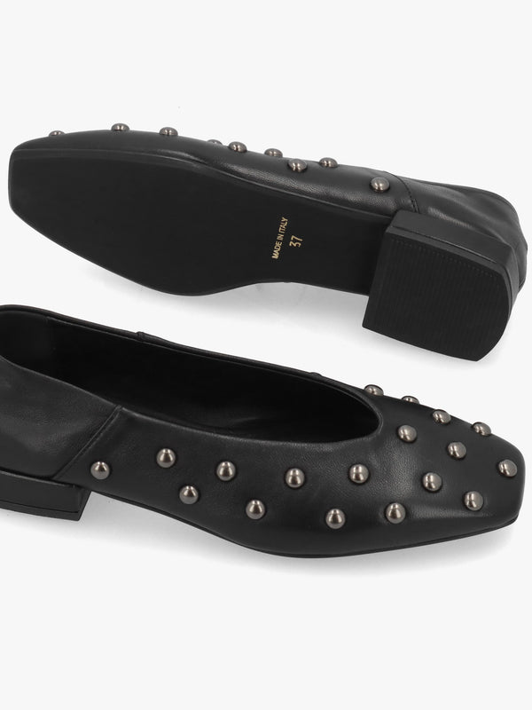 Saria Black Leather Square Toe Studded Ballet Pumps