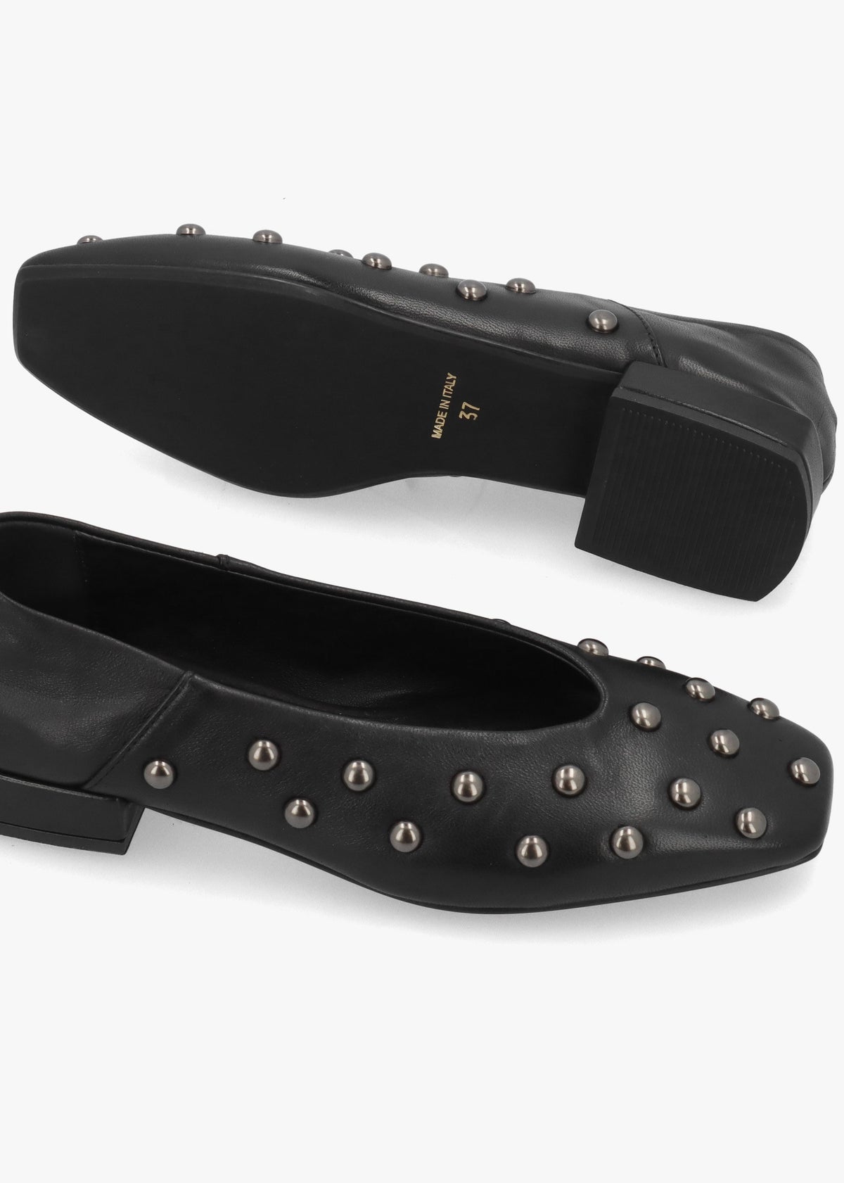 Saria Black Leather Square Toe Studded Ballet Pumps