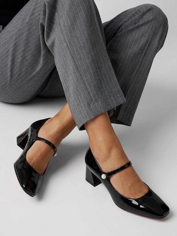Daniel Sellasia Black Patent Leather Block Heel Mary Jane Court Shoes