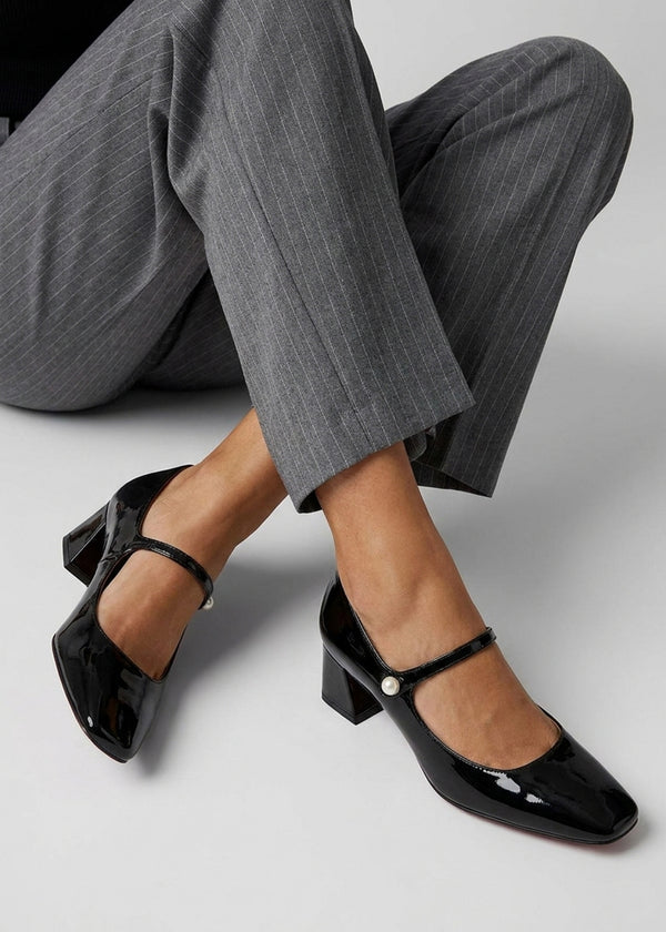Daniel Sellasia Black Patent Leather Block Heel Mary Jane Court Shoes