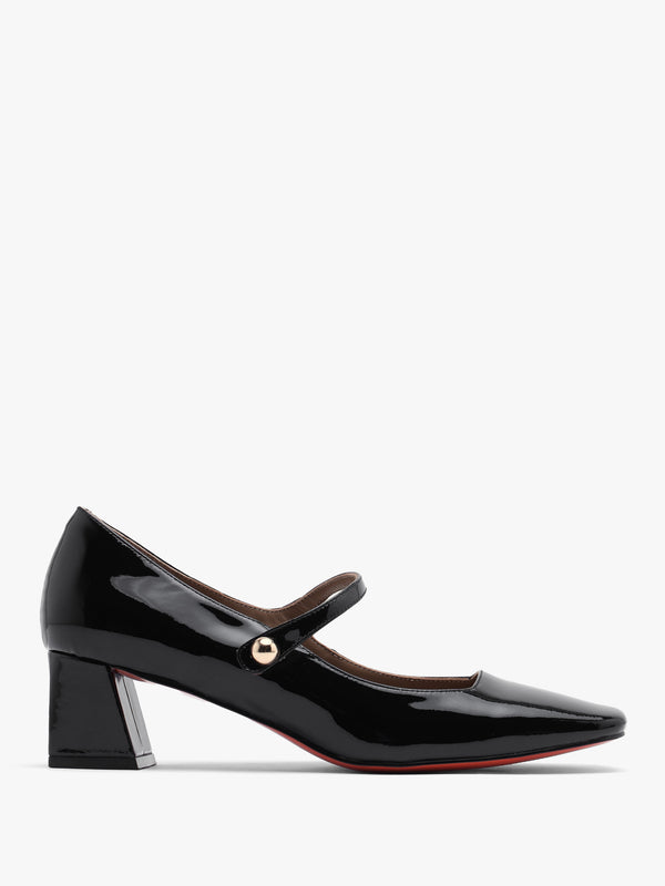 Daniel Sellasia Black Patent Leather Block Heel Mary Jane Court Shoes