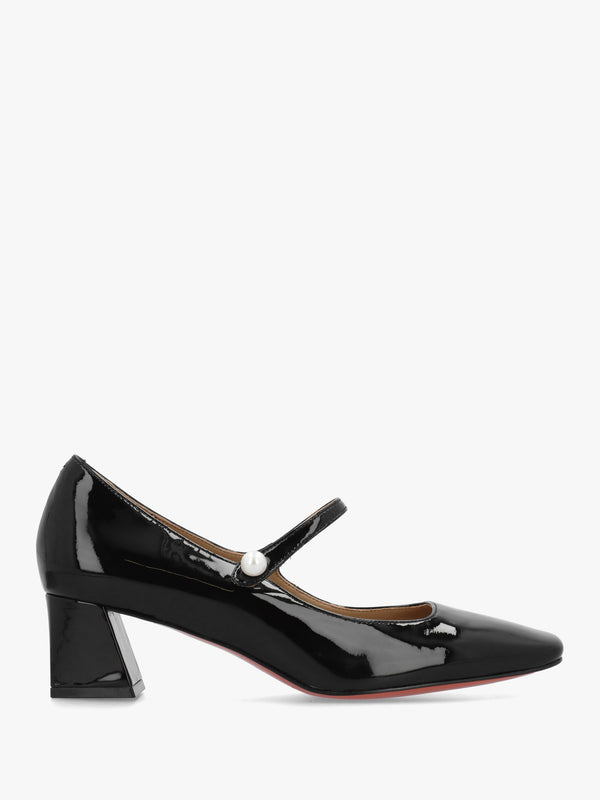 Sellasia Black Patent Leather Block Heel Mary Jane Court Shoes