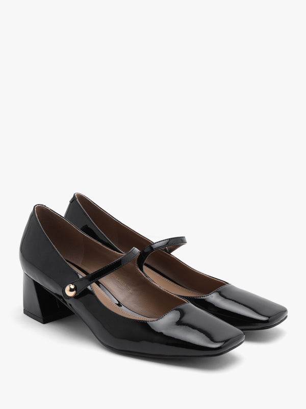 Daniel Sellasia Black Patent Leather Block Heel Mary Jane Court Shoes