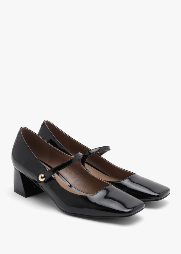 Daniel Sellasia Black Patent Leather Block Heel Mary Jane Court Shoes