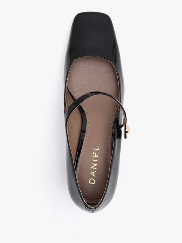 Daniel Sellasia Black Patent Leather Block Heel Mary Jane Court Shoes