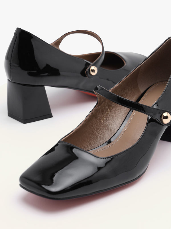 Daniel Sellasia Black Patent Leather Block Heel Mary Jane Court Shoes