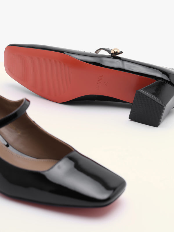 Daniel Sellasia Black Patent Leather Block Heel Mary Jane Court Shoes