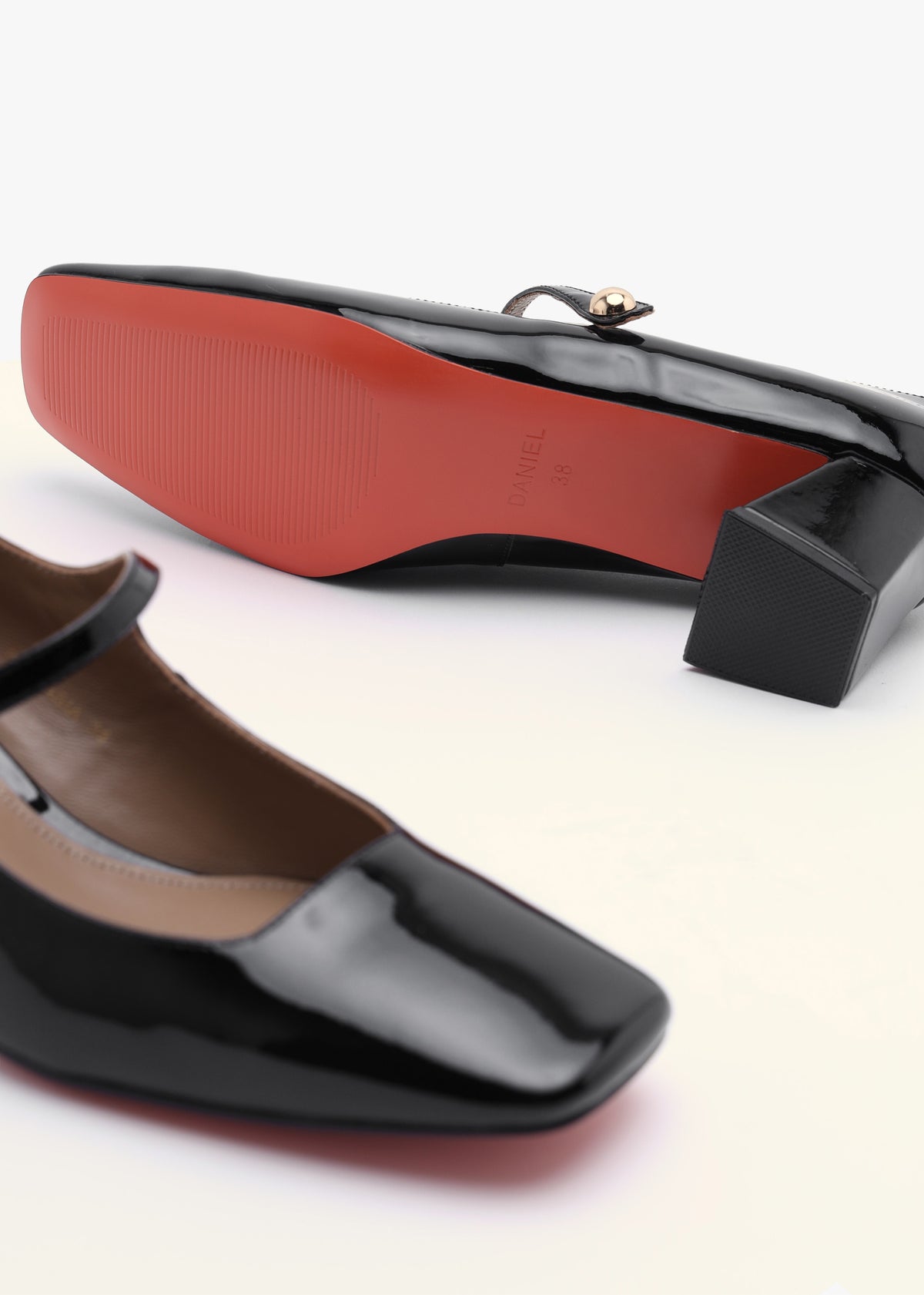 Daniel Sellasia Black Patent Leather Block Heel Mary Jane Court Shoes