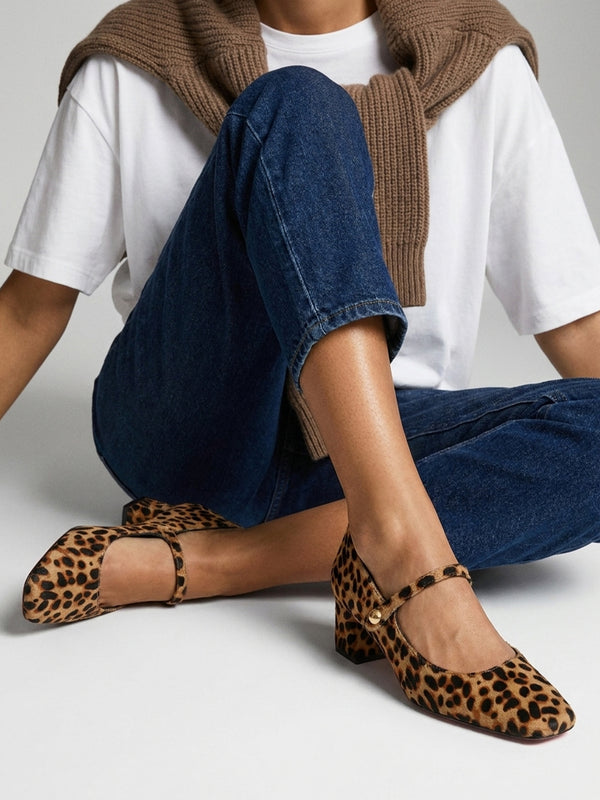 Sellasia Leopard Pony Hair Block Heel Mary Jane Court Shoes