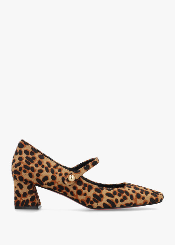 Sellasia Leopard Pony Hair Block Heel Mary Jane Court Shoes