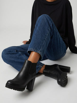 Daniel Shlock Black Leather Low Cut Platform Block Heel Ankle Boots