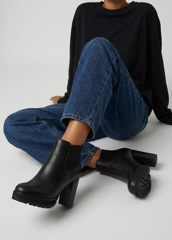 Daniel Shlock Black Leather Low Cut Platform Block Heel Ankle Boots