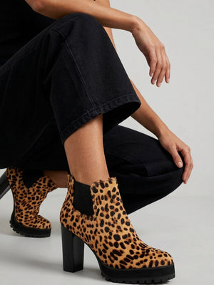 Daniel Shlock Leopard Pony Hair Low Cut Platform Block Heel Ankle Boots