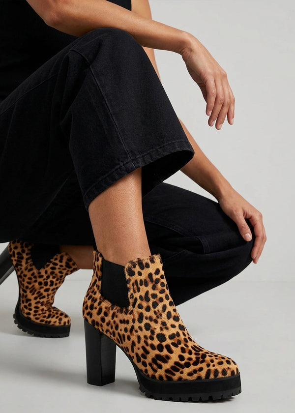 Daniel Shlock Leopard Pony Hair Low Cut Platform Block Heel Ankle Boots
