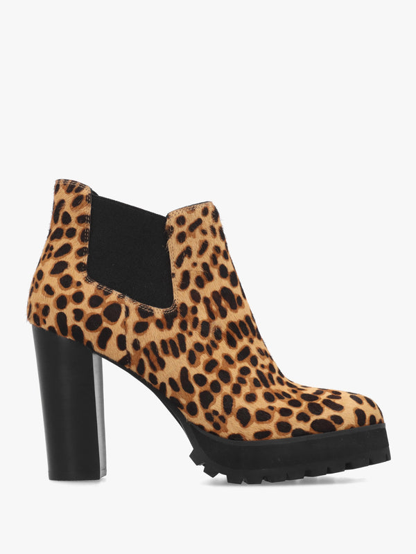 Shlock Leopard Pony Hair Low Cut Platform Block Heel Ankle Boots