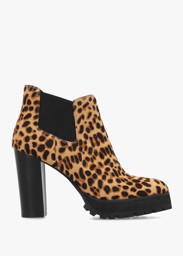 Shlock Leopard Pony Hair Low Cut Platform Block Heel Ankle Boots