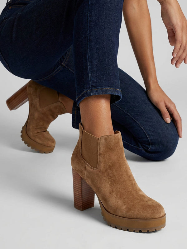 Daniel Shlock Tan Suede Low Cut Platform Block Heel Ankle Boots