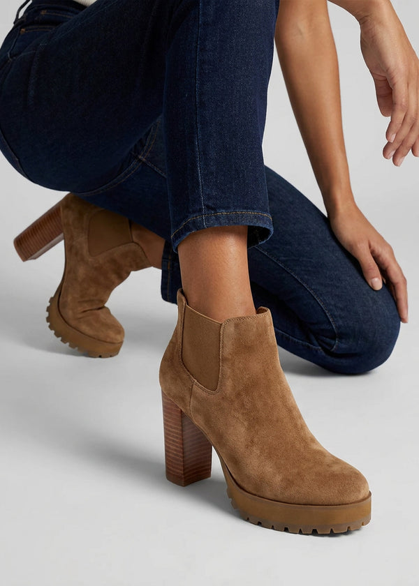 Daniel Shlock Tan Suede Low Cut Platform Block Heel Ankle Boots