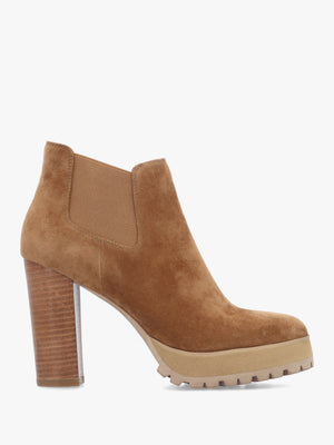 Shlock Tan Suede Low Cut Platform Block Heel Ankle Boots