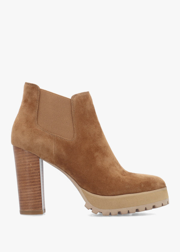 Shlock Tan Suede Low Cut Platform Block Heel Ankle Boots