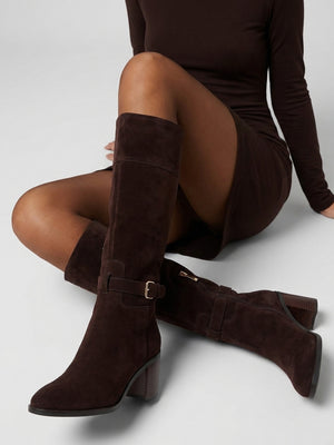 Daniel Spartan Brown Suede Ankle Strap Block Heel Knee Boots