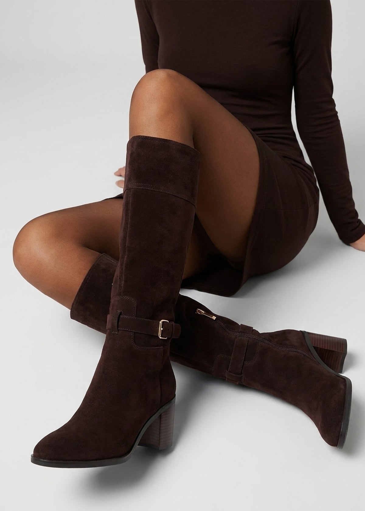 Daniel Spartan Brown Suede Ankle Strap Block Heel Knee Boots