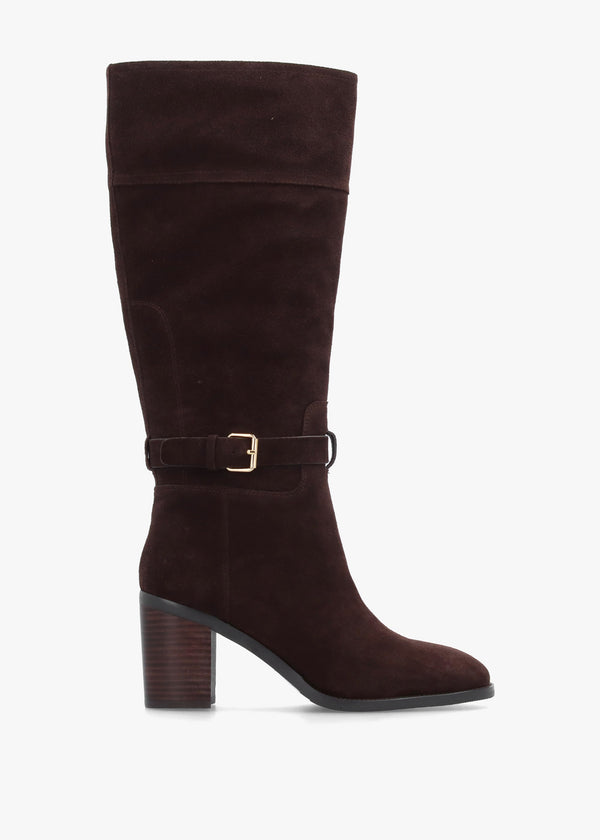 DANIEL Spartan Brown Suede Ankle Strap Block Heel Knee Boots