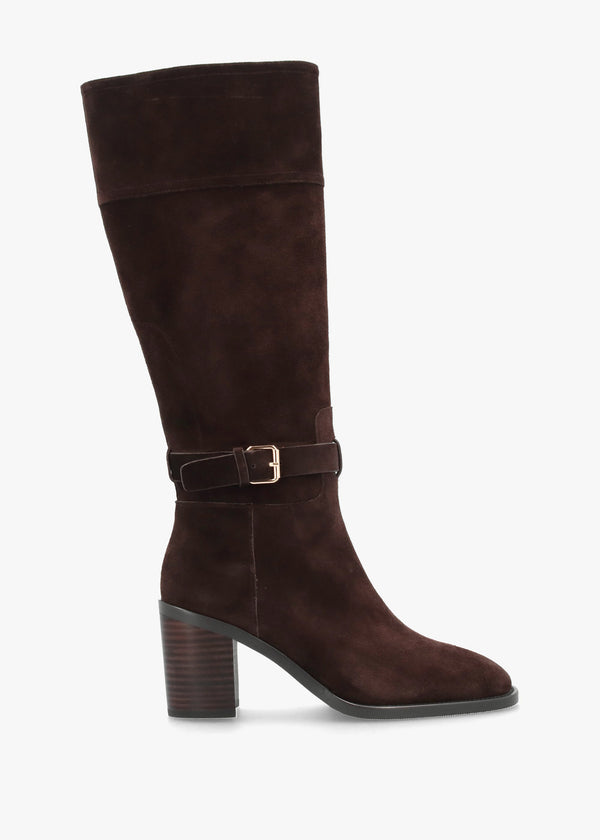 Spartan Brown Suede Ankle Strap Block Heel Knee Boots