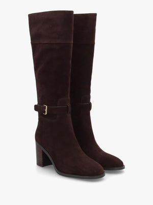 DANIEL Spartan Brown Suede Ankle Strap Block Heel Knee Boots