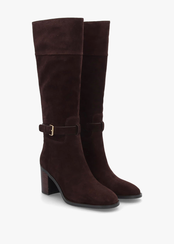 DANIEL Spartan Brown Suede Ankle Strap Block Heel Knee Boots