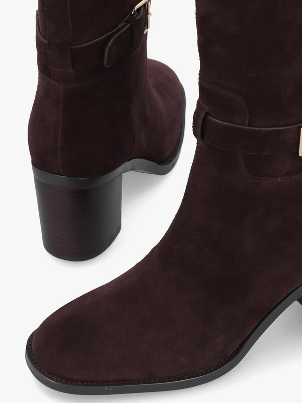 DANIEL Spartan Brown Suede Ankle Strap Block Heel Knee Boots