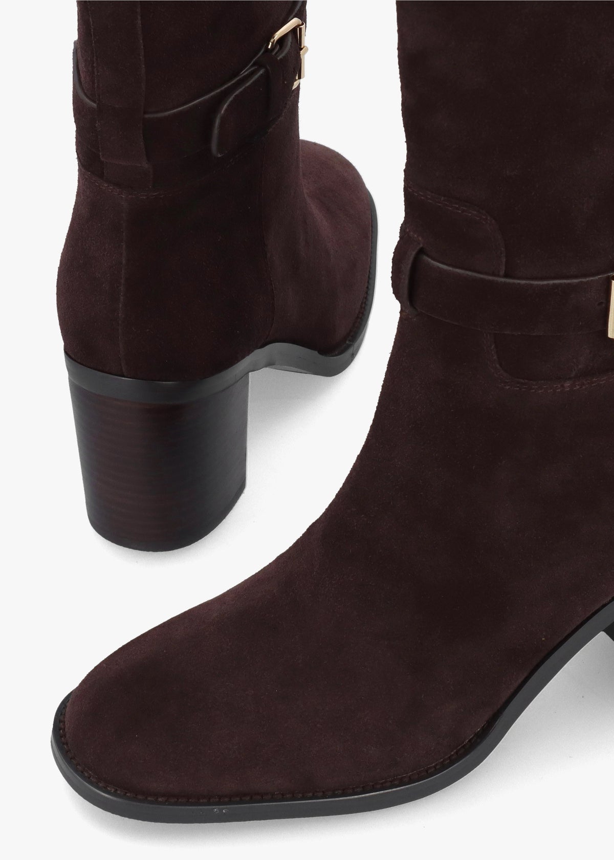 DANIEL Spartan Brown Suede Ankle Strap Block Heel Knee Boots
