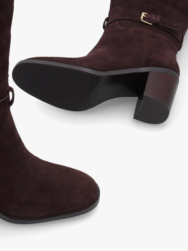 DANIEL Spartan Brown Suede Ankle Strap Block Heel Knee Boots