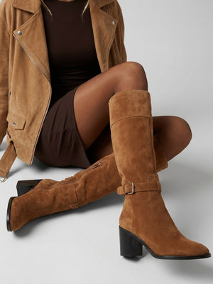 Daniel Spartan Tan Suede Ankle Strap Block Heel Knee Boots