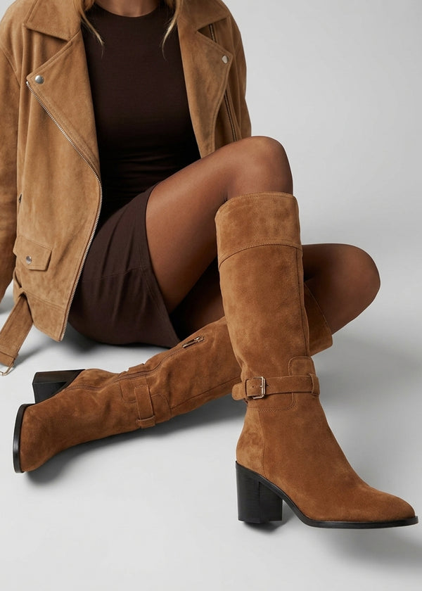 Daniel Spartan Tan Suede Ankle Strap Block Heel Knee Boots
