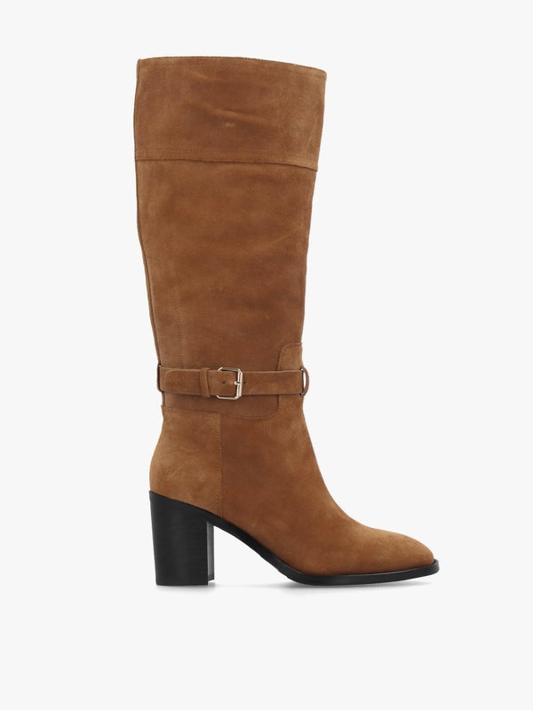 DANIEL Spartan Tan Suede Ankle Strap Block Heel Knee Boots