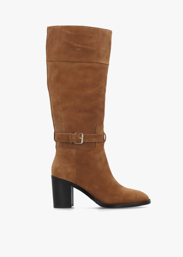 DANIEL Spartan Tan Suede Ankle Strap Block Heel Knee Boots