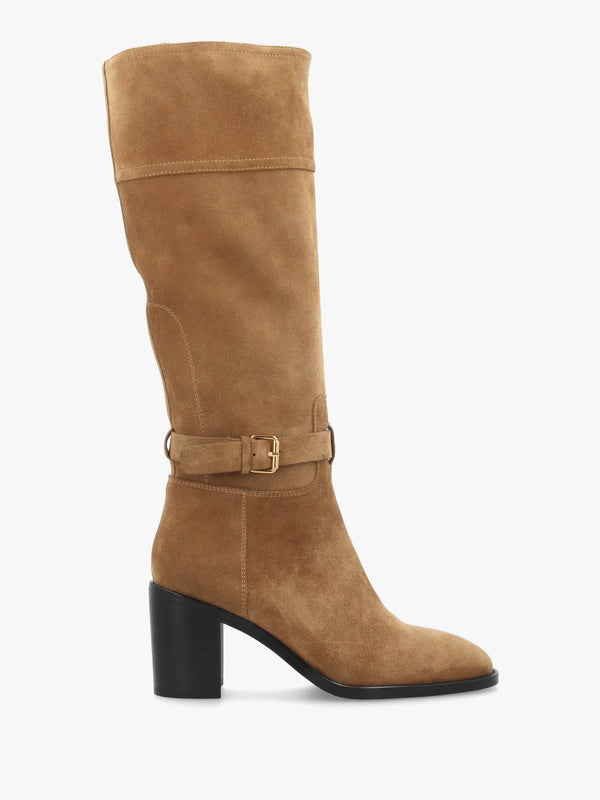 Spartan Tan Suede Ankle Strap Block Heel Knee Boots