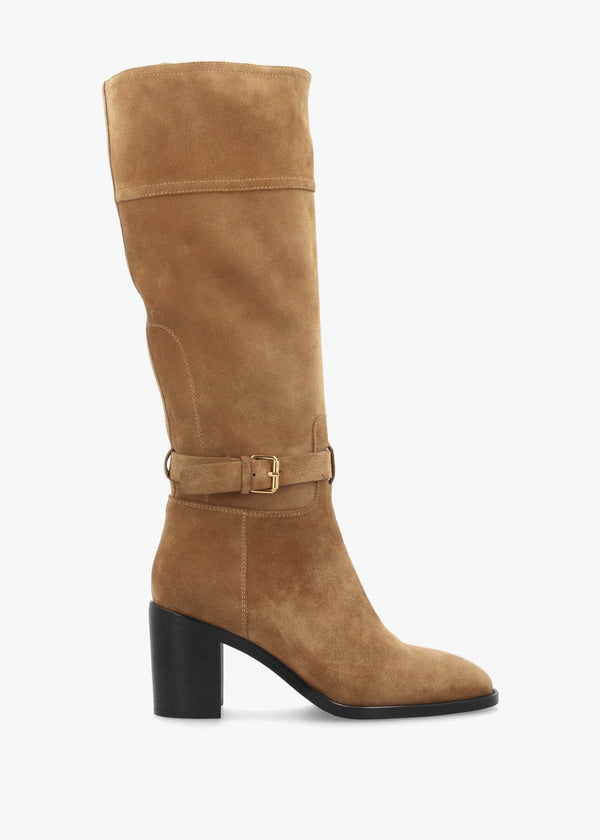 Spartan Tan Suede Ankle Strap Block Heel Knee Boots