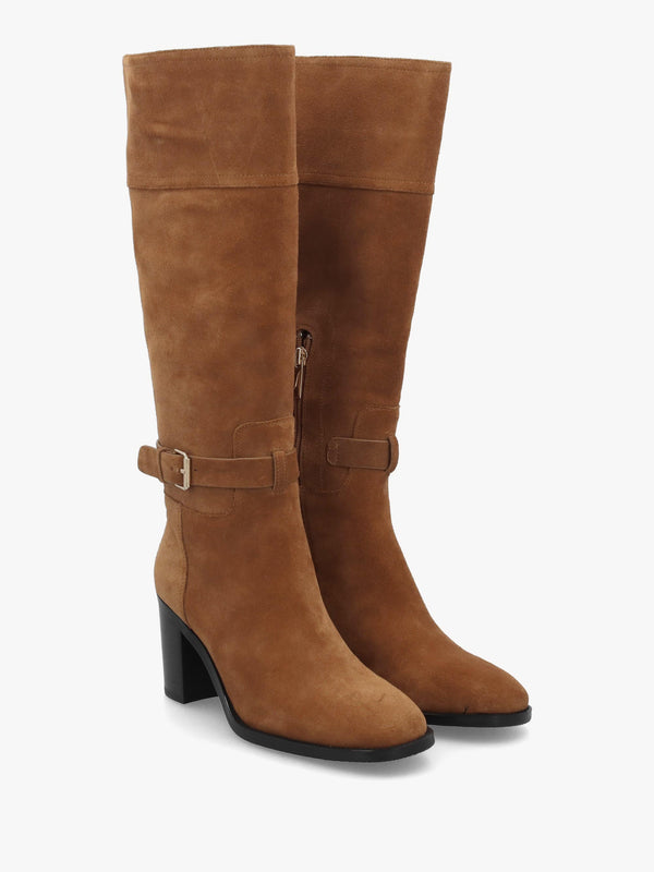 DANIEL Spartan Tan Suede Ankle Strap Block Heel Knee Boots