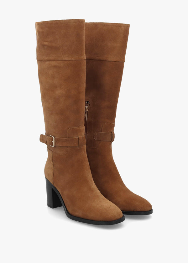 DANIEL Spartan Tan Suede Ankle Strap Block Heel Knee Boots
