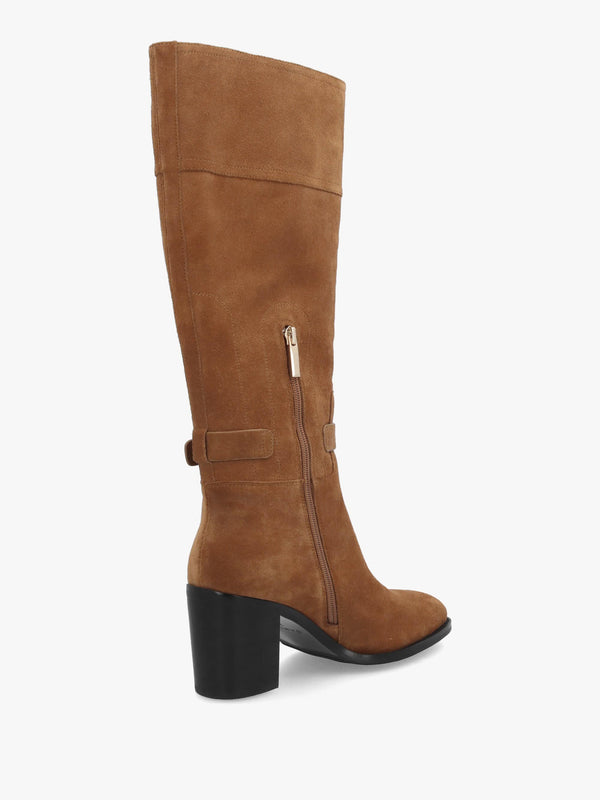 DANIEL Spartan Tan Suede Ankle Strap Block Heel Knee Boots