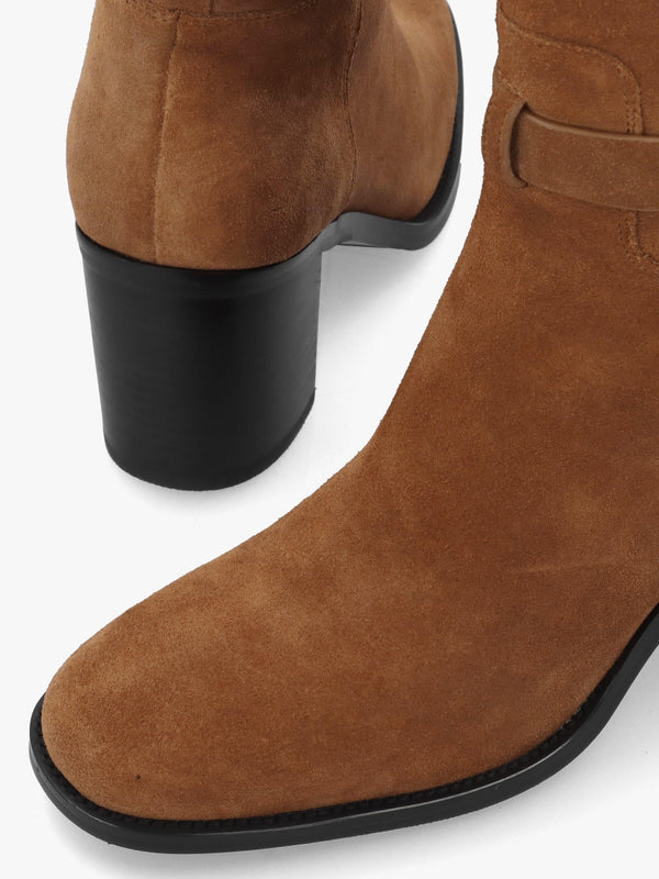 DANIEL Spartan Tan Suede Ankle Strap Block Heel Knee Boots