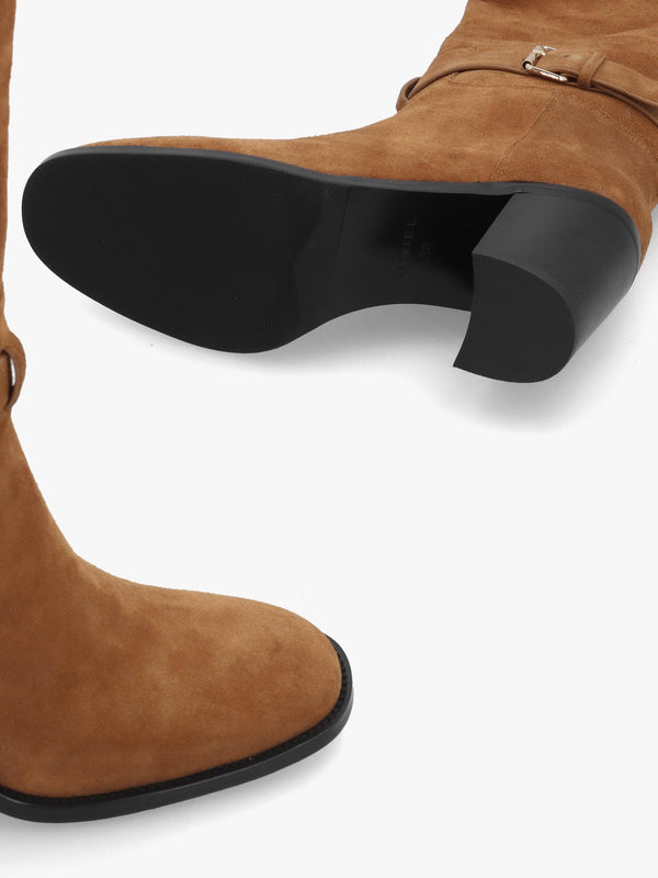 DANIEL Spartan Tan Suede Ankle Strap Block Heel Knee Boots