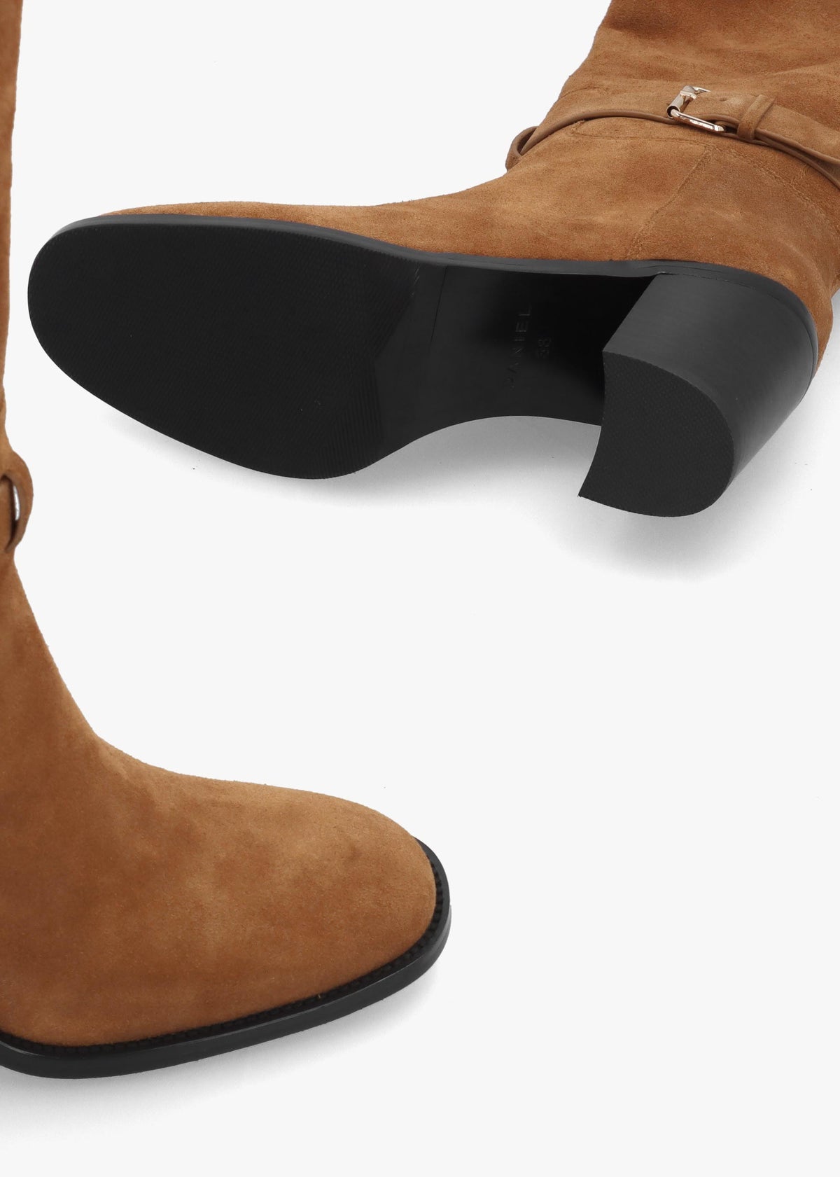 DANIEL Spartan Tan Suede Ankle Strap Block Heel Knee Boots