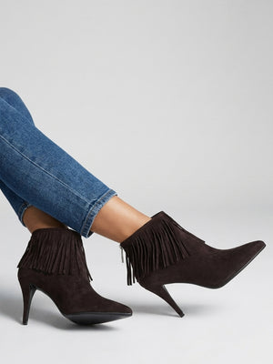 Daniel Stelle Brown Suede Fringed Heeled Ankle Boots