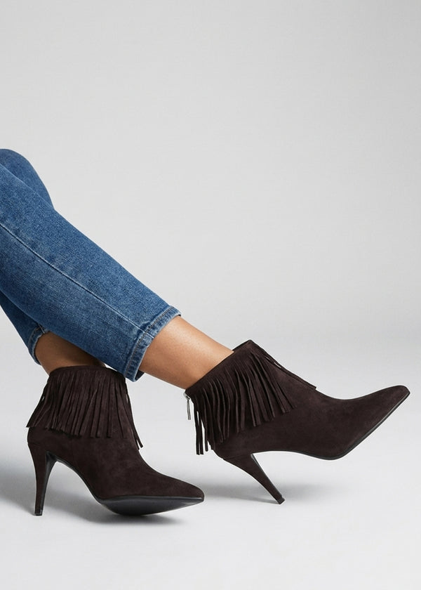 Daniel Stelle Brown Suede Fringed Heeled Ankle Boots