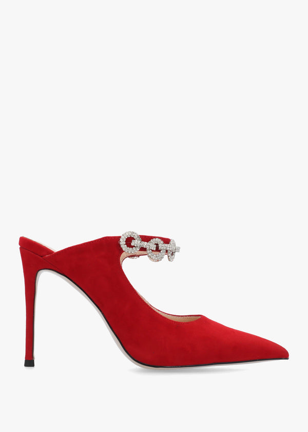 DANIEL Studio Mary Red Suede Embellished Heeled Mule Court Shoes