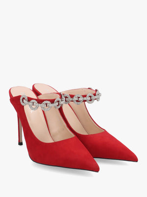 DANIEL Studio Mary Red Suede Embellished Heeled Mule Court Shoes