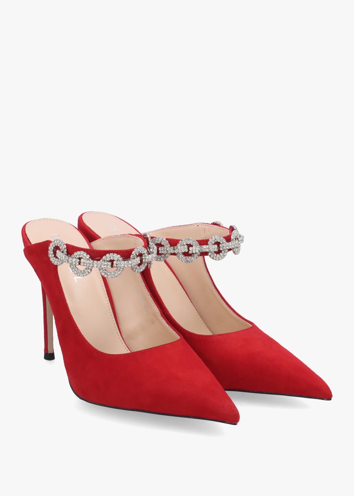 DANIEL Studio Mary Red Suede Embellished Heeled Mule Court Shoes